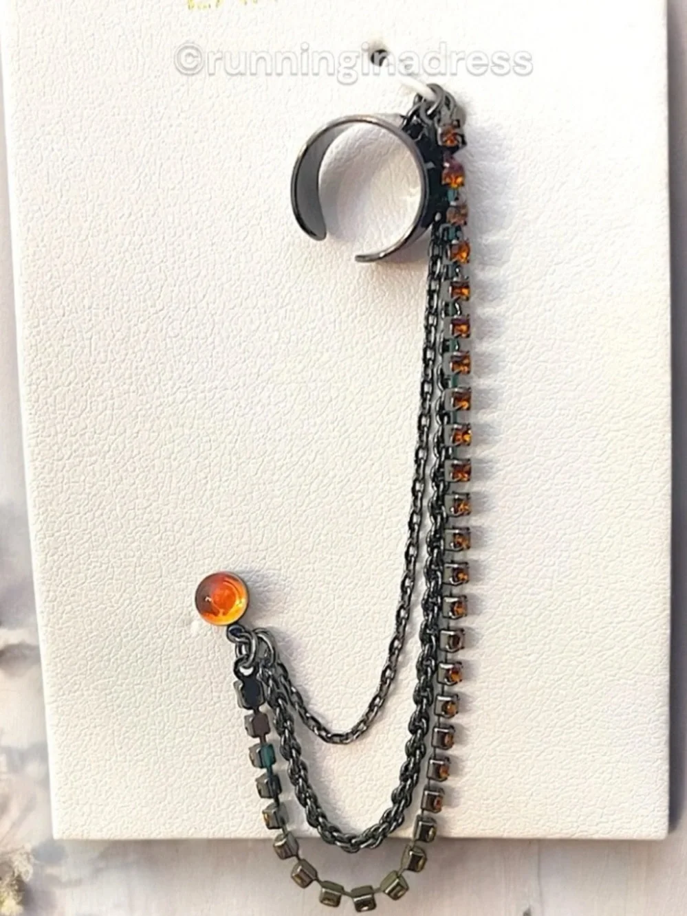 Free People Ear Party Chain Cuff Earring NWT Gunmetal Amber Orange Rhinestone